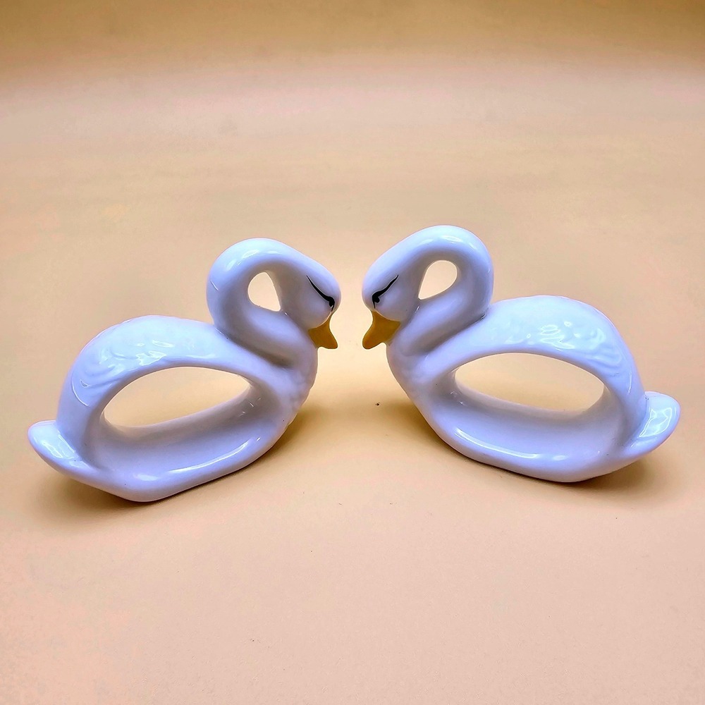 Set of 2 White Ceramic Swan Napkin Rings Holders Yellow Beak Elegant Table Decor